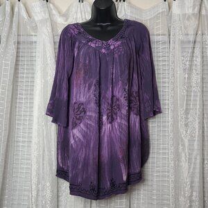 2/$25 Vintage Purple Beaded Hand Tie Dyed Bohemian Tunic Shirt Dress Sz1XL